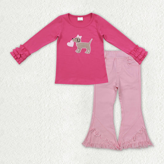 GLP2236 Valentine's Day Puppy Rose Red Long Sleeve Top Denim Pants Girls Sets RTS 202509