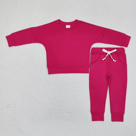 GLP2248 Solid Rose Red Long Sleeve Top Pants Girls Sets RTS 20241130