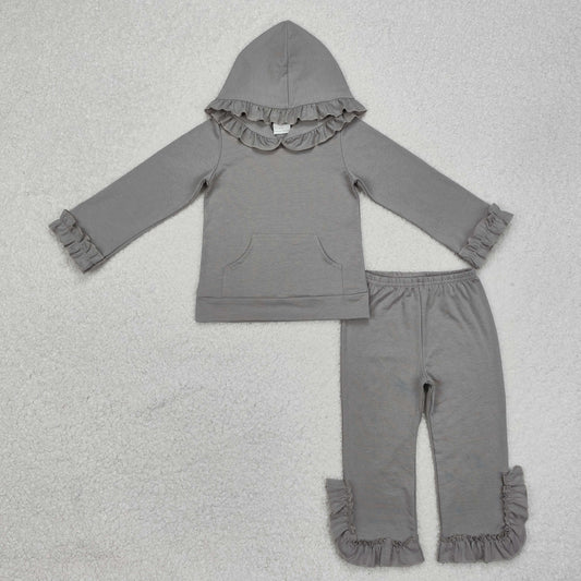 GLP2272 Girls clothes Gray hoodie ruffle outfit long sleeve top pants RTS 202412