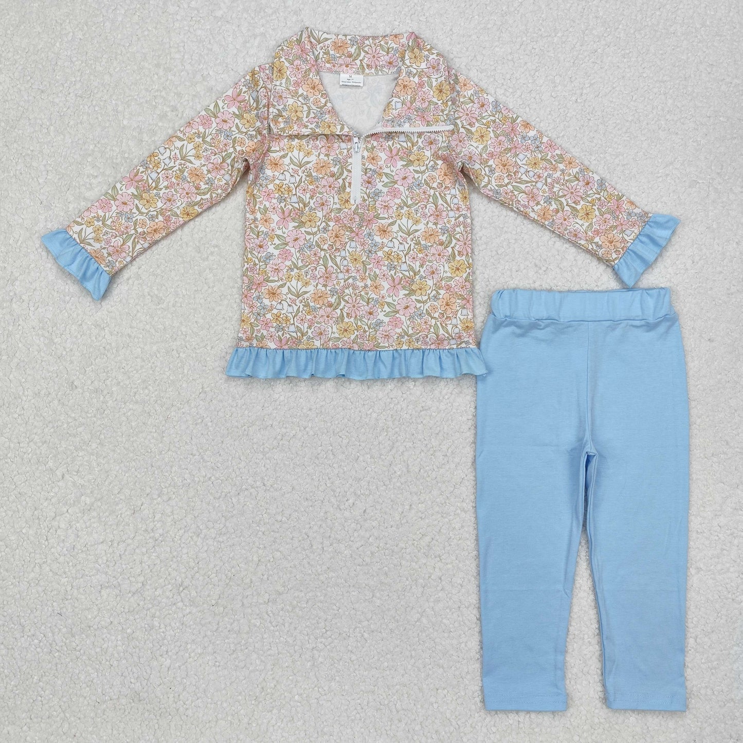 GLP2323 Floral Blue Ruffle Stand-up Zippy Long Sleeve Pants Girls Sets  202412 RTS