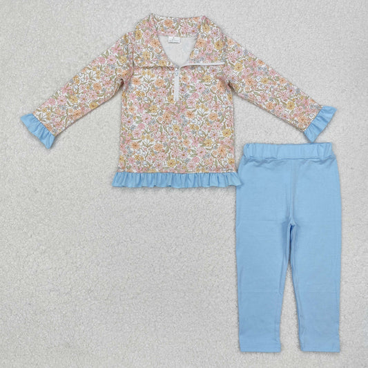 GLP2323 Floral Blue Ruffle Stand-up Zippy Long Sleeve Pants Girls Sets  202412 RTS