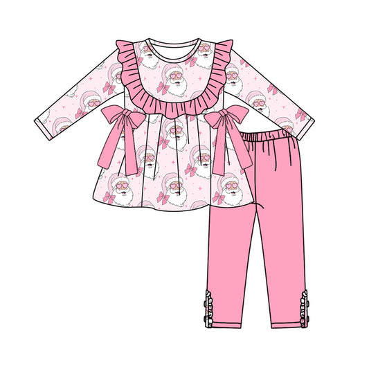 Preorder GLP2336 Merry Christmas Santa Claus Pink Ruffle Long Sleeve Pants  Sets Girls Boutique Outfit  202505