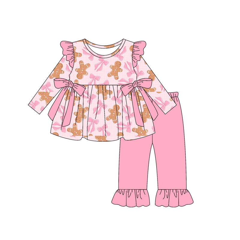 Preorder GLP2338  Gingerbread Man Bows Pink Ruffle Long Sleeve Pants  Sets Girls Boutique Outfit  202505