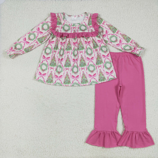 GLP2339  Christmas Tree Bows Rose Red Ruffle Long Sleeve Pants  Sets Girls Boutique Outfit  202507 RTS
