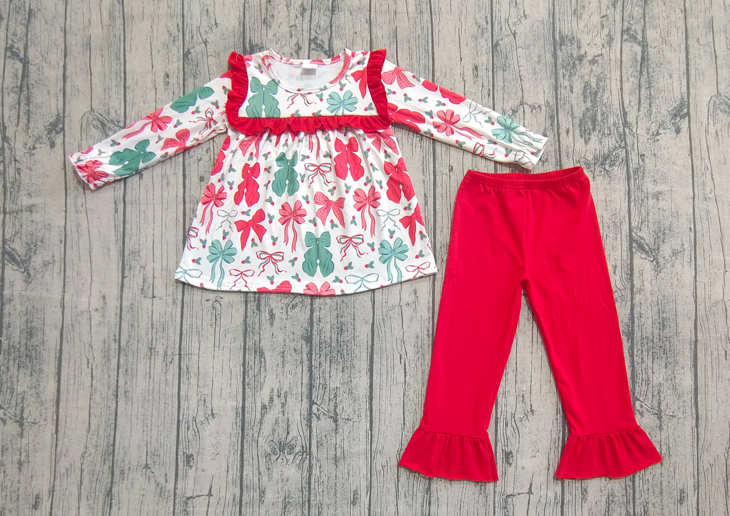 Preorder GLP2346 Merry Christmas Red Green Bows Ruffle Long Sleeve Pants Sets Girls Boutique Outfit  202505