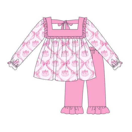 Preorder GLP2351 Pink Pumpkin Bows Ruffle Long Sleeve Pants Sets Girls Boutique Outfit  202505