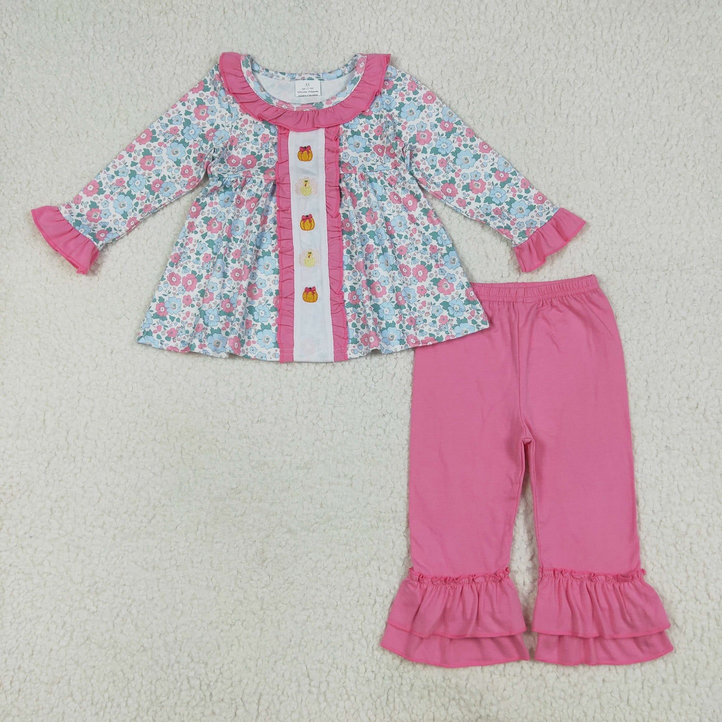 GLP2352 Embroidered Floral Pumpkin Turkey Pink Ruffle Long Sleeve Pants Sets Girls Boutique Outfit  202506 RTS