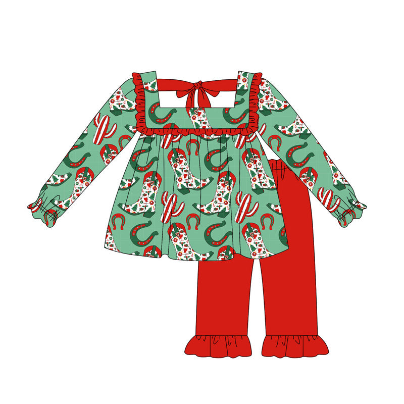 Preorder GLP2355 Christmas Boots Red Ruffle Straps green Long Sleeve Pants Sets Girls Boutique Outfit  202505