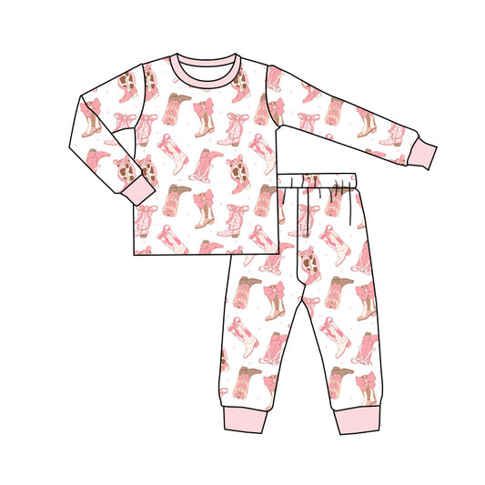 Preorder GLP2358 Christmas Gift Boots Pink White Long Sleeve Pants Pajamas Sets Girls Boutique Outfit  202505