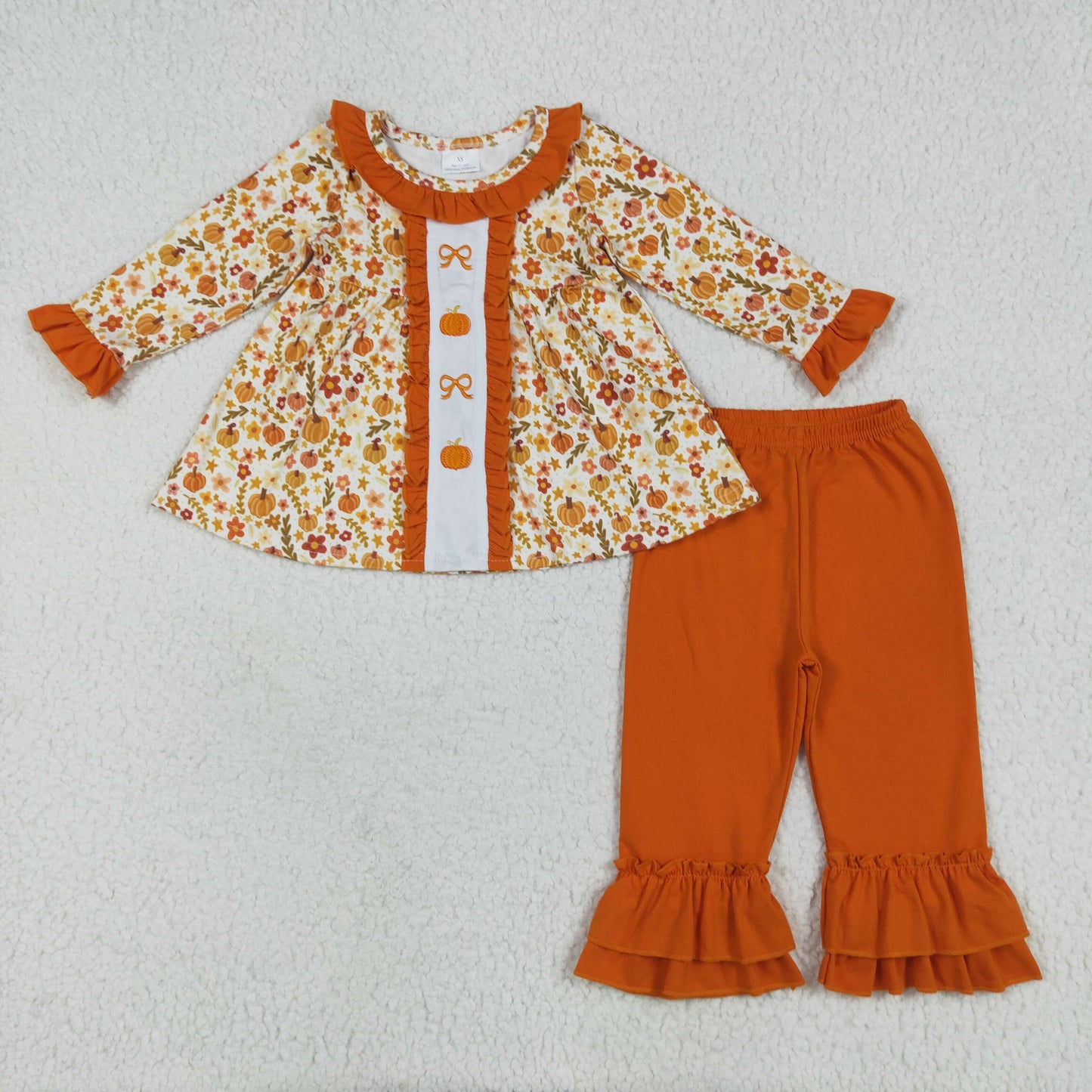 GLP2361 Embroidered Butterfly Pumpkin Flowers Leaves Orange Ruffle Long Sleeve Pants Sets Girls Boutique Outfit  202506 RTS
