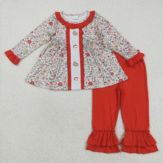 GLP2365 Embroidered Cookies Santa Claus Flowers Leaves Red Ruffle Long Sleeve Pants Girls Sets 202508 RTS