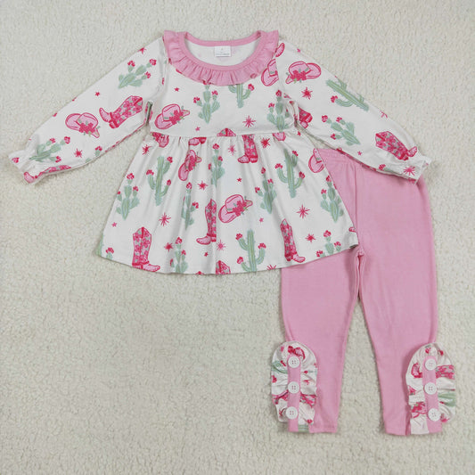 GLP2367 Flower Boots Cactus Pink Ruffle Beige Long Sleeve Pants Girls Set 202508 RTS