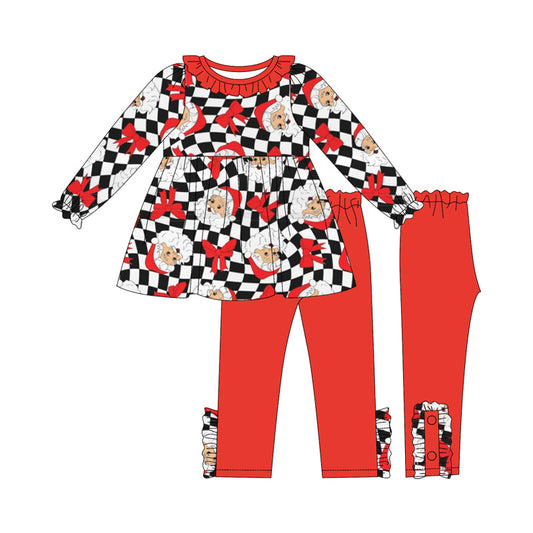 Preorder GLP2368 Santa Claus Bows Plaid Red Ruffle Long Sleeve Pants Set Girls Boutique Outfit  202505