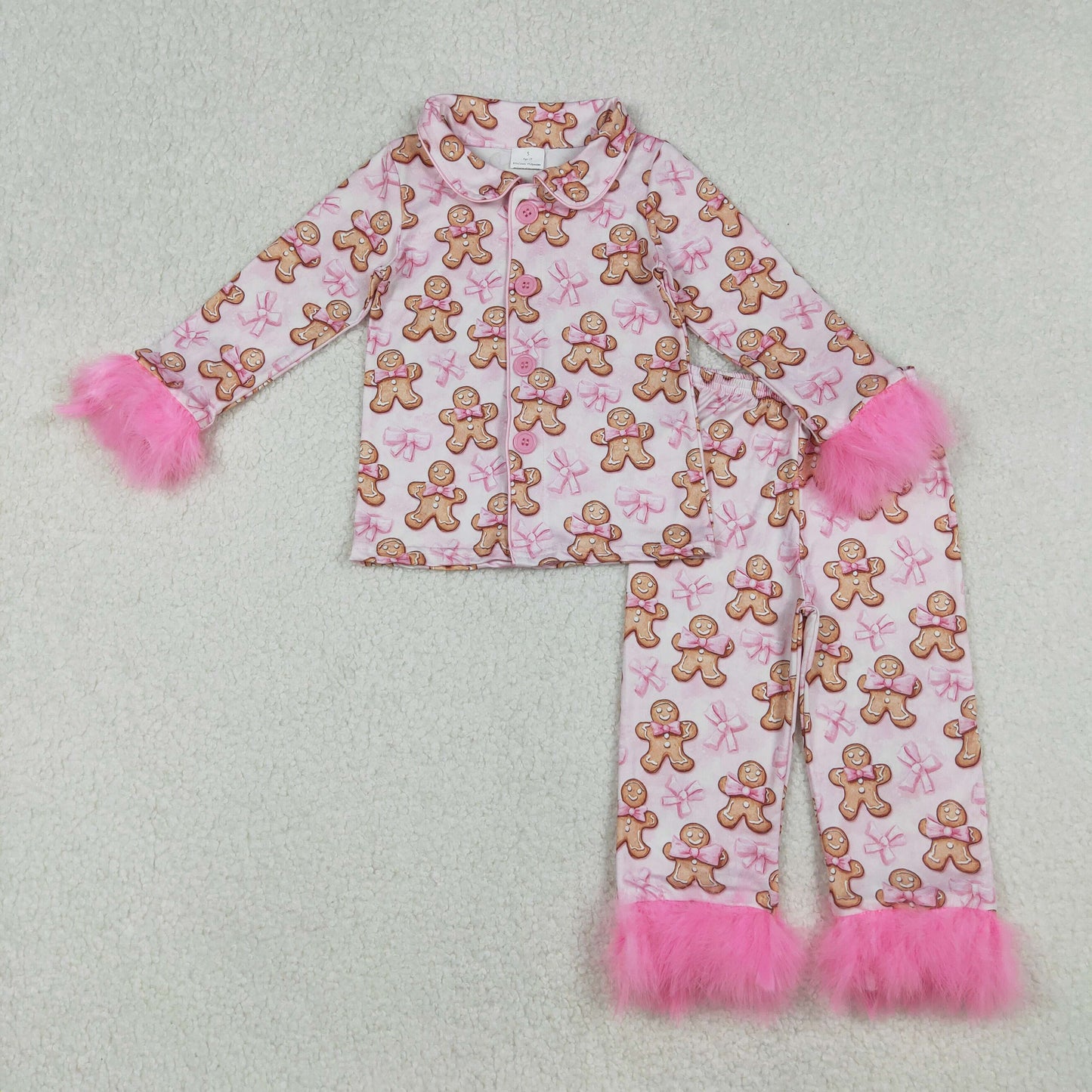 GLP2374 Christmas Gingerbread Man Pink Bow Pattern Plush Edge Long Sleeves Pants Pajamas Girls Set 202509 RTS