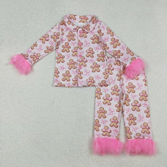 GLP2374 Christmas Gingerbread Man Pink Bow Pattern Plush Edge Long Sleeves Pants Pajamas Girls Set 202509 RTS