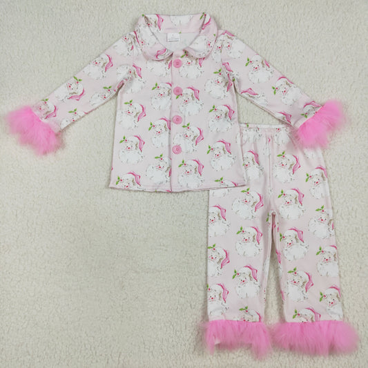 GLP2376 Santa Claus Pink Plush Edge Long Sleeves Pants Pajamas Girls Set High Quality 202507 RTS