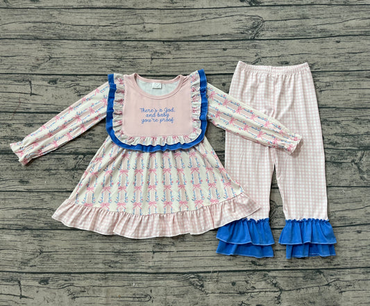 GLP2379 God Baby Proof Letter Bow Beige Long Sleeve Pants Girls Set 202509 RTS