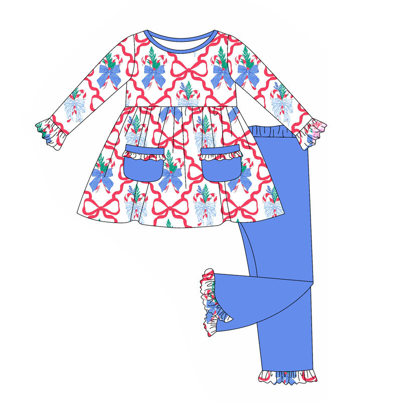 Preorder GLP2383 Christmas Cane Ruffle Blue Pocket Red Bow Long Sleeve Pants Set Girls Boutique Outfit  202505