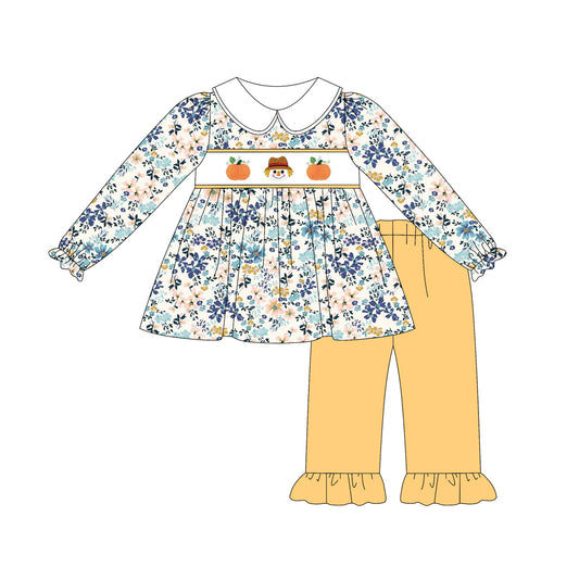Preorder GLP2387 Pumpkin Scarecrow Flower Leaf Doll Collar Long Sleeve Pants Set Girls Boutique Outfit  202505