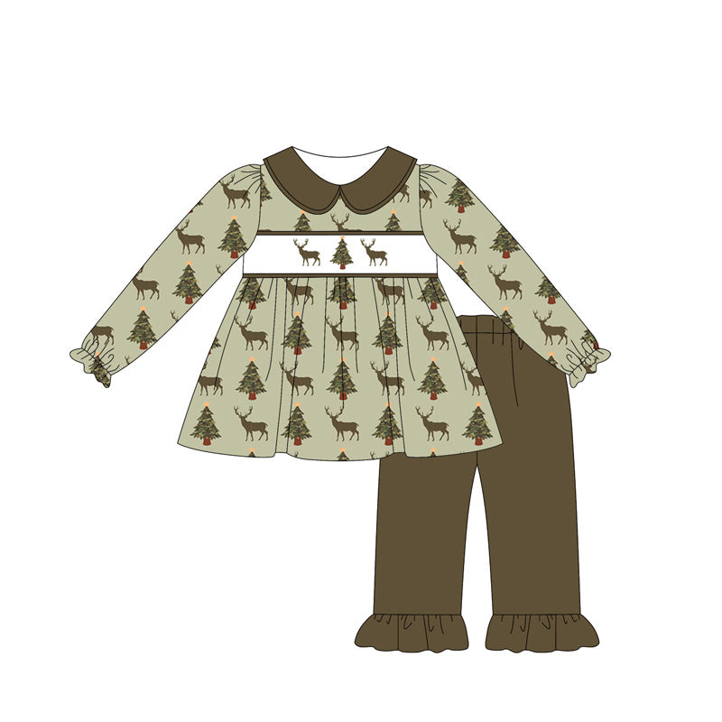 Preorder GLP2392 Elk Christmas Tree Green Doll Collar Long Sleeve Pants Suit Girls Boutique Outfit  202505