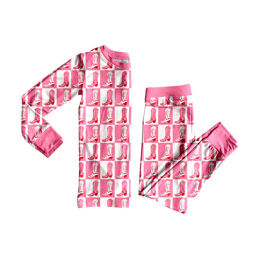 Preorder GLP2394 Boots Pink and White Plaid Long Sleeve Long Pants Pajama Set Girls Boutique Outfit  202505