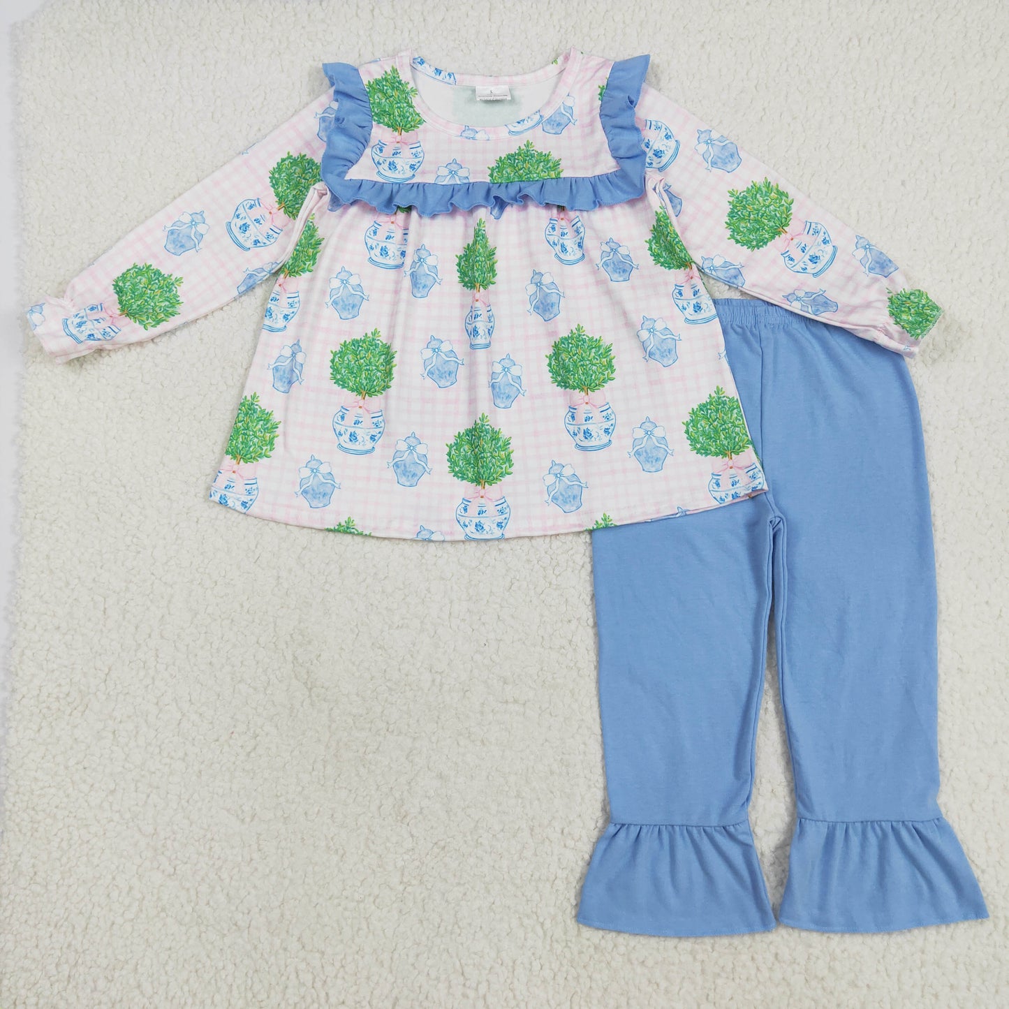 GLP2396 Vase Potted Plant Blue Ruffle Pink Plaid Long Sleeve Pants Girls Outfit  202507 RTS
