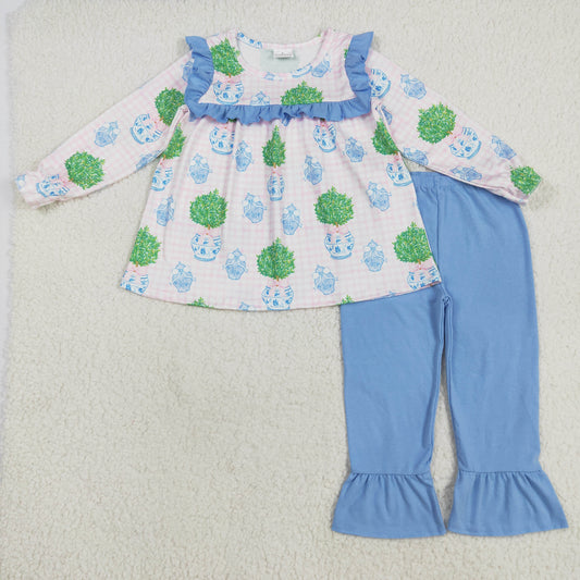 GLP2396 Vase Potted Plant Blue Ruffle Pink Plaid Long Sleeve Pants Girls Outfit  202507 RTS