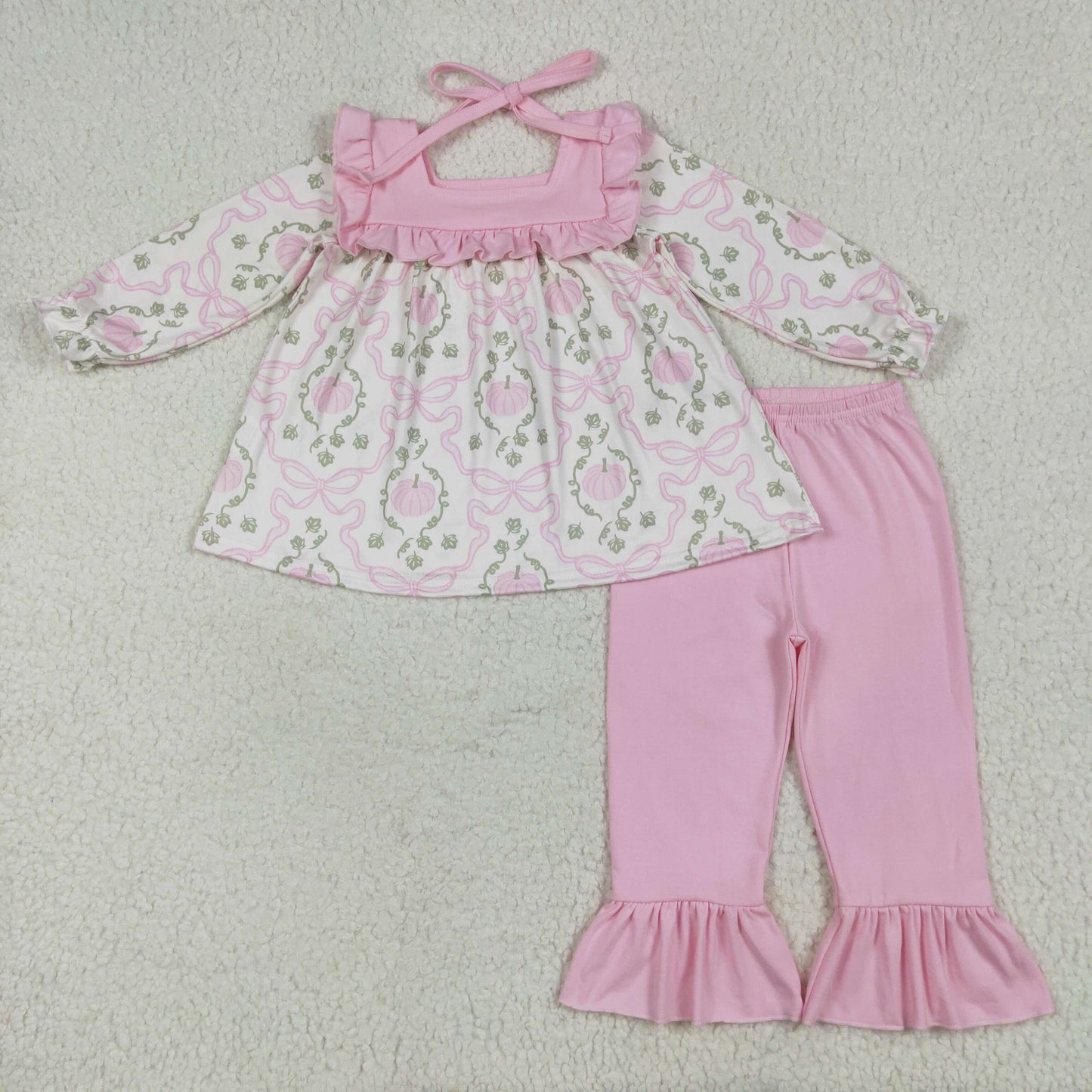GLP2397 Pumpkin Leaf Bow Pink Ruffle Strap Long Sleeve Pants Suit Girls Boutique Outfit  202506 RTS