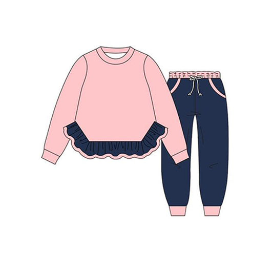 Preorder GLP2400 Solid Navy Blue Ruffle Pink Long Sleeve Pants Suit Girls Boutique Outfit  202505