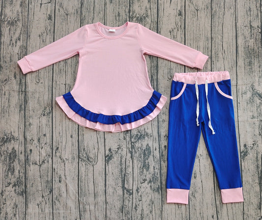 Preorder GLP2401 Blue Pink Ruffle Long Sleeve Top Pants Girls Sets 202508
