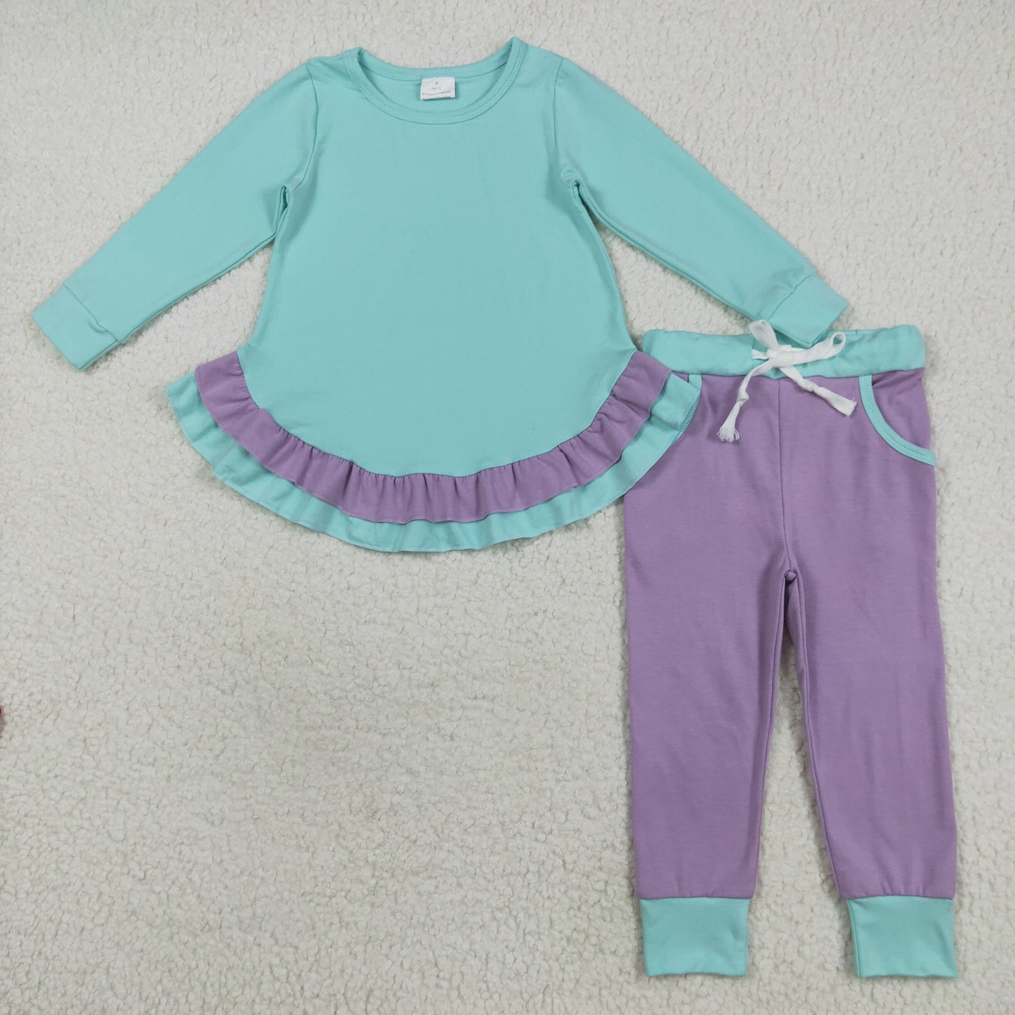 GLP2402 Solid Purple Ruffle Blue Green Long Sleeve Pants Girls Sets 202508 RTS