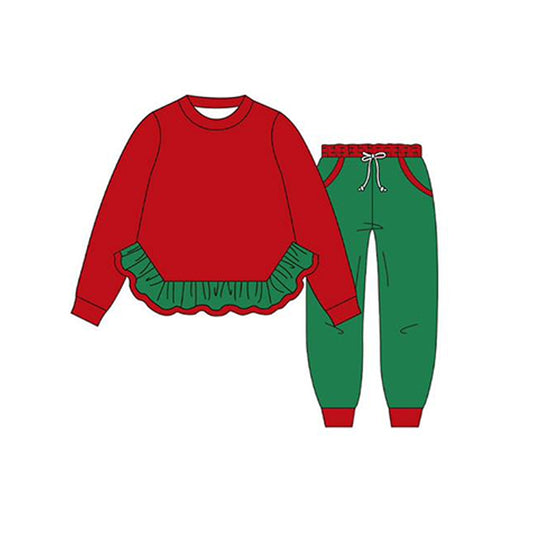 Preorder GLP2403 Solid Green Ruffle Red Long Sleeve Pants Suit Girls Boutique Outfit  202505