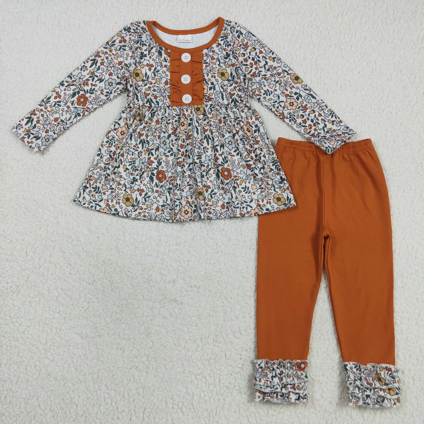 GLP2404 Flower Leaf Button Orange Ruffle Tunic Long Sleeve Pants Girls Outfit  202508 RTS