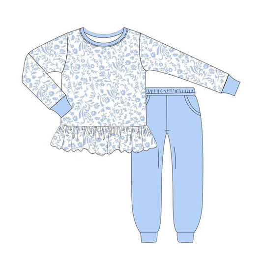 Preorder GLP2406 Flower White Blue Ruffle Long Sleeve Pants Suit Girls Boutique Outfit  202505