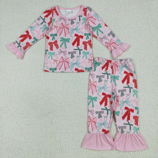 GLP2413 Colored Bows Pink Long Sleeve Pants Pajamas Suit Girls Boutique Outfit  202506 RTS