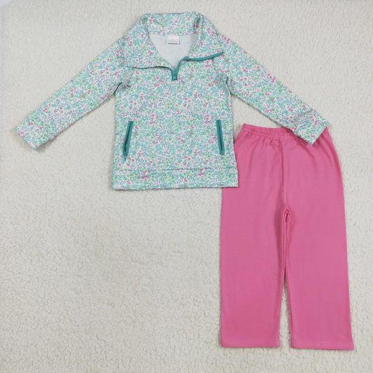 GLP2414 Blue Green Floral Stand-up Zippy Long Sleeve Pink Red Pants Girls Sets  202508 RTS