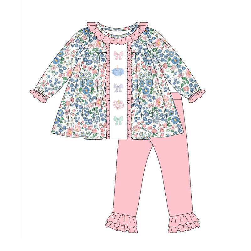 Preorder GLP2418 Girls Boutique Pink Blue Flower Pumpkin Ruffled Long Sleeve Pants  Suit 202505