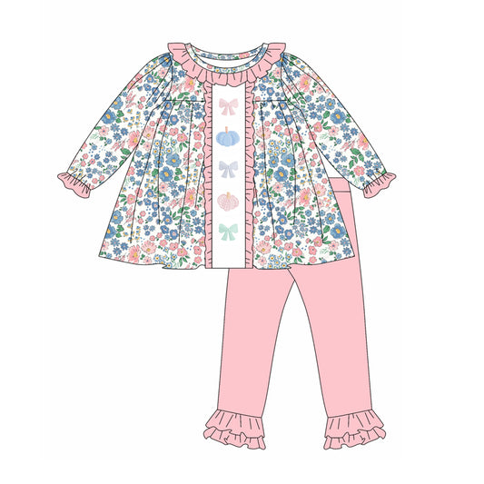 Preorder GLP2418 Girls Boutique Pink Blue Flower Pumpkin Ruffled Long Sleeve Pants  Suit 202505