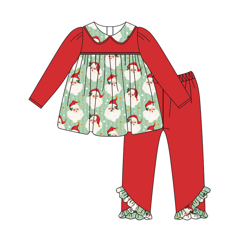 Preorder GLP2421 Girls Boutique Santa Claus Bows Red Green Ruffled Long Sleeve Pants  Suit 202505
