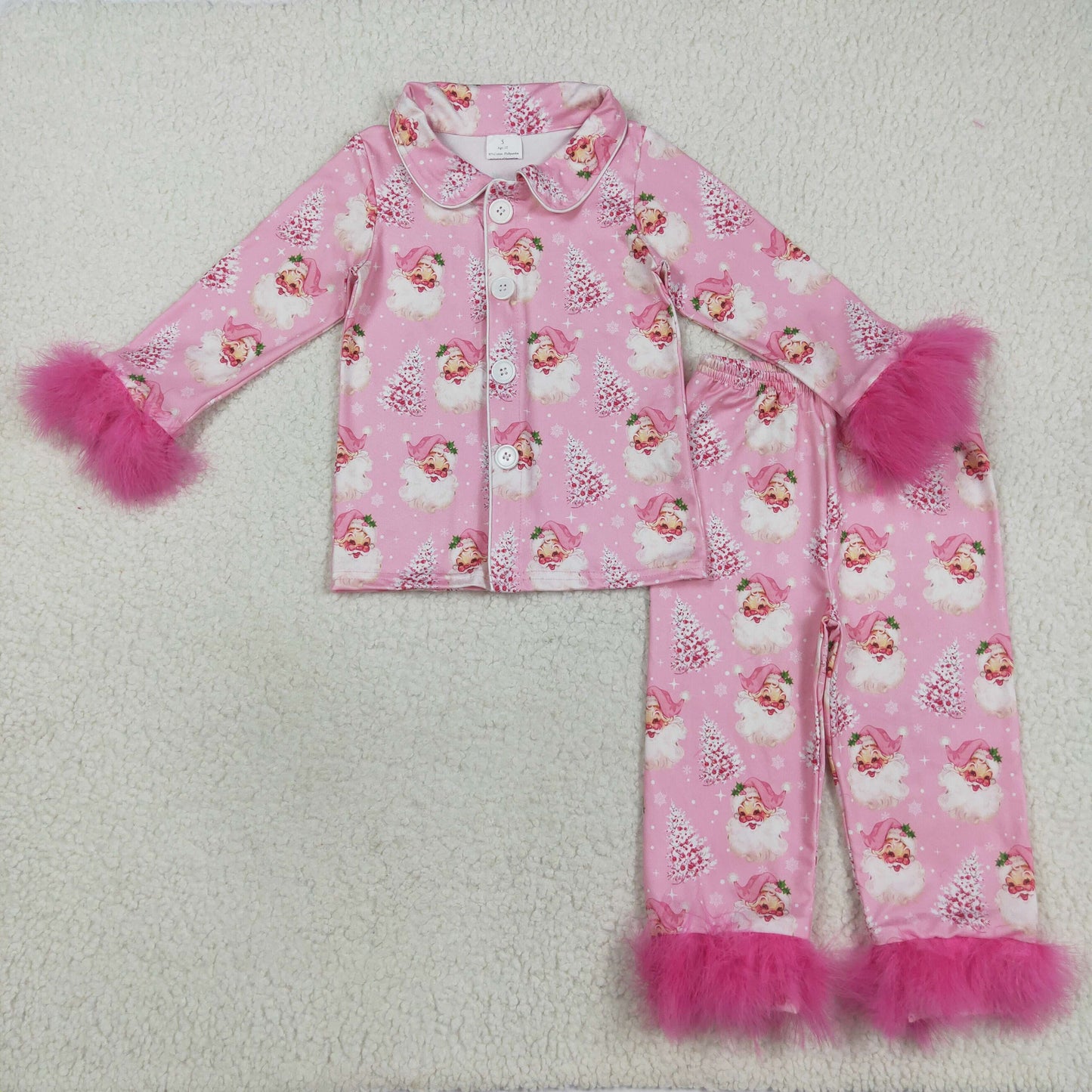 GLP2424 Christmas Girls Boutique Santa Claus Pink Plush Polo Button Long Sleeve Pants  Pajamas Suit 202508 RTS