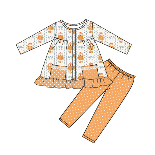 Preorder GLP2426 Girls Boutique Pumpkin Bows Dots Pocket Orange Ruffle Long Sleeve Pants Suit 202506