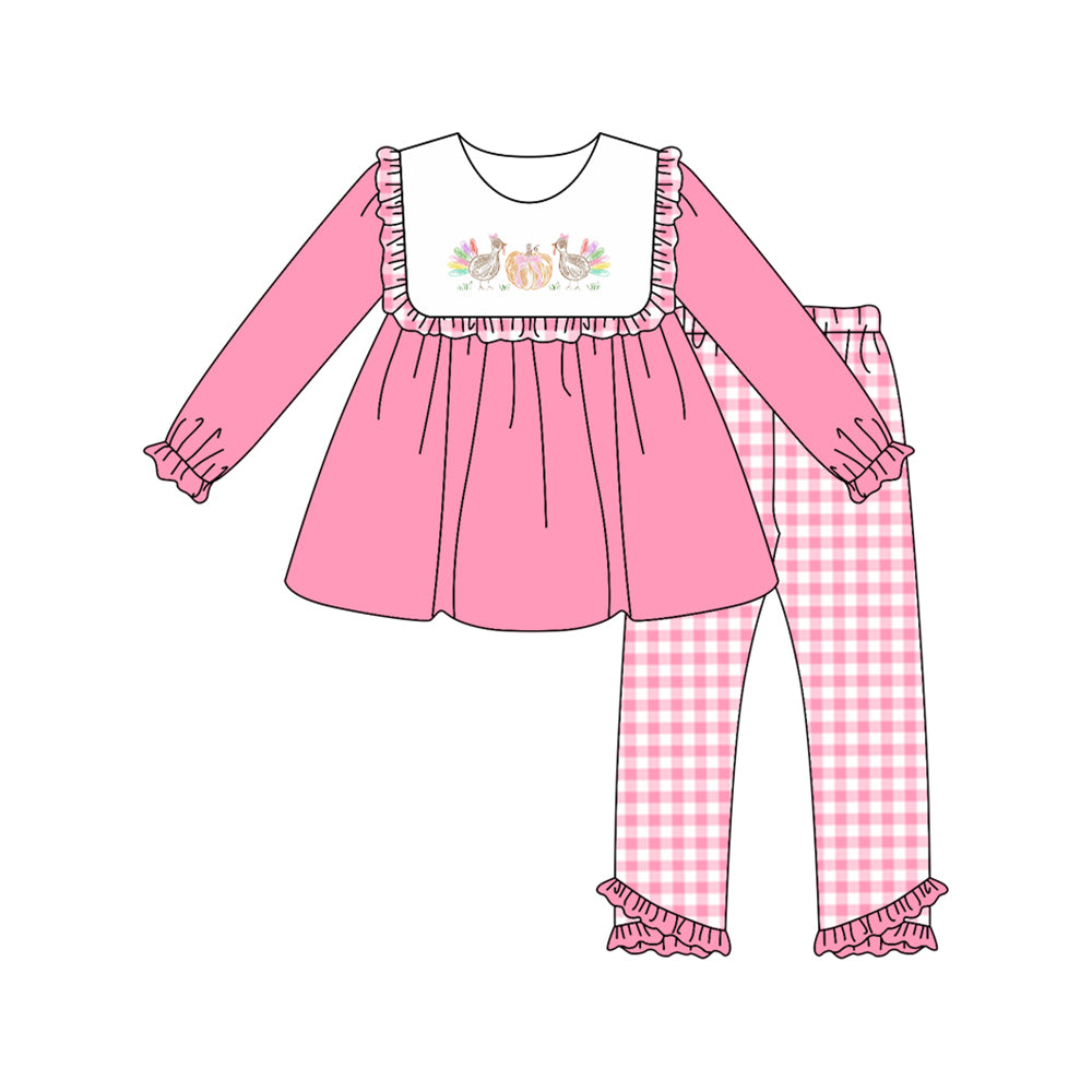 Preorder GLP2432 Girls Boutique Turkey Pumpkin Pink Ruffle Long Sleeve Plaid Pants Suit 202506