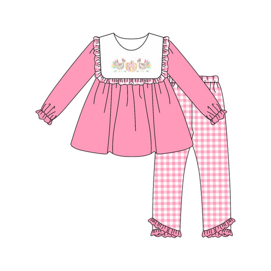 Preorder GLP2432 Girls Boutique Turkey Pumpkin Pink Ruffle Long Sleeve Plaid Pants Suit 202506