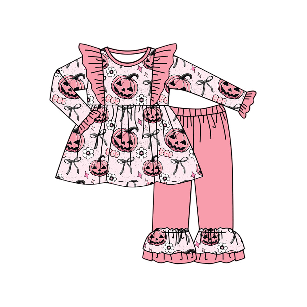 Preorder GLP2434 Girls Boutique Boo Pumpkin Pink Ruffle Long Sleeve Pants Sets 202506