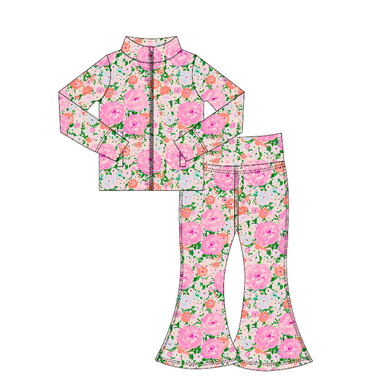 preorder GLP2436 Girls Boutique Yoga Sets Pink Orange Flower Leaf Zippy Long Sleeve Pants 202506