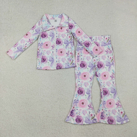 GLP2441 Girls Boutique Yoga Sets Flower Leaf Blue Purple Zipper Long Sleeve Pants 202510 RTS