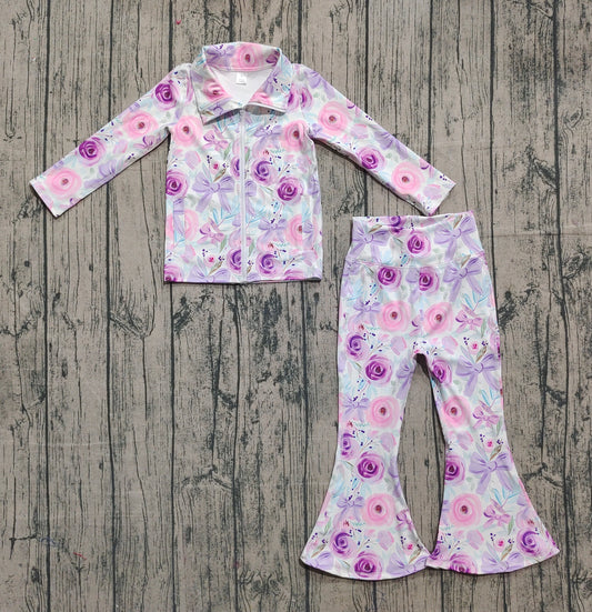 GLP2441 Girls Boutique Yoga Sets Flower Leaf Blue Purple Zipper Long Sleeve Pants 202510 RTS