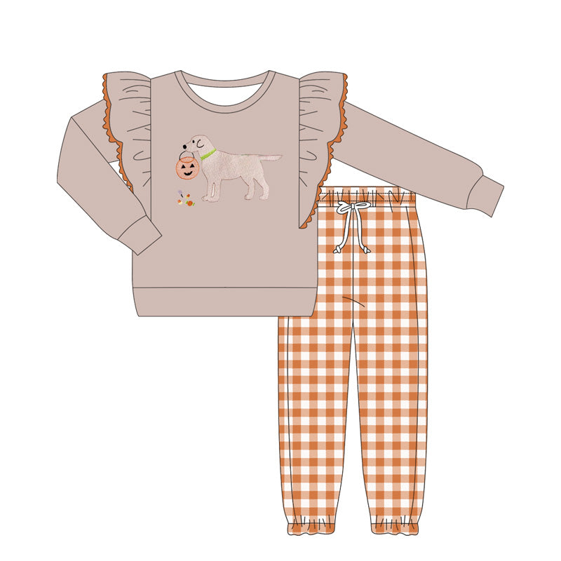 preorder  GLP2446 Girls Boutique Puppy Pumpkin Ruffle Long Sleeve Orange Plaid Pants Set 202506