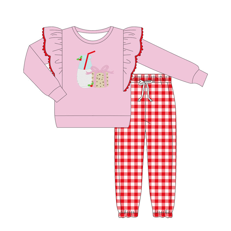 preorder  GLP2447 Girls Boutique Milk Biscuits Pink Ruffle Long Sleeve Red Plaid Pants Set 202506