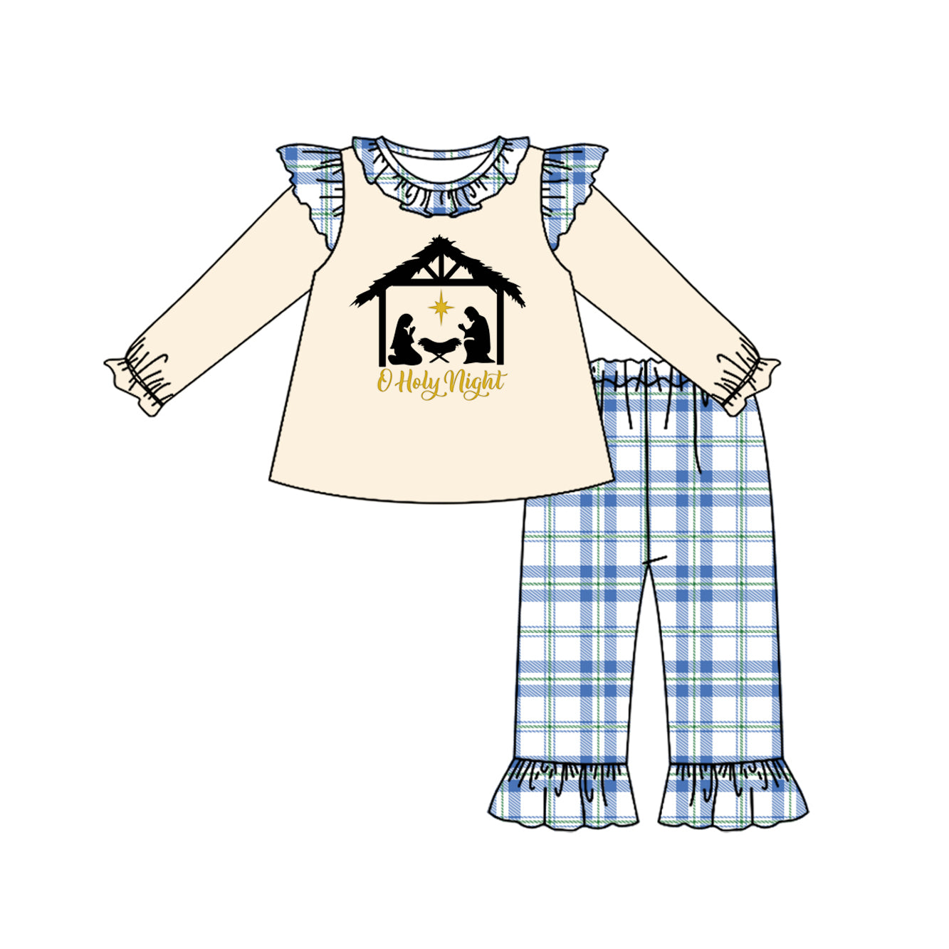 preorder  GLP2448 Girls Boutique Holy Night Jesus Beige Ruffle Long Sleeve Blue Plaid Pants Set 202506